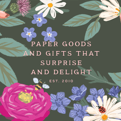 hand illustrated floral scene with "Paper goods and gifts that surprise and delight. Est. 2010"