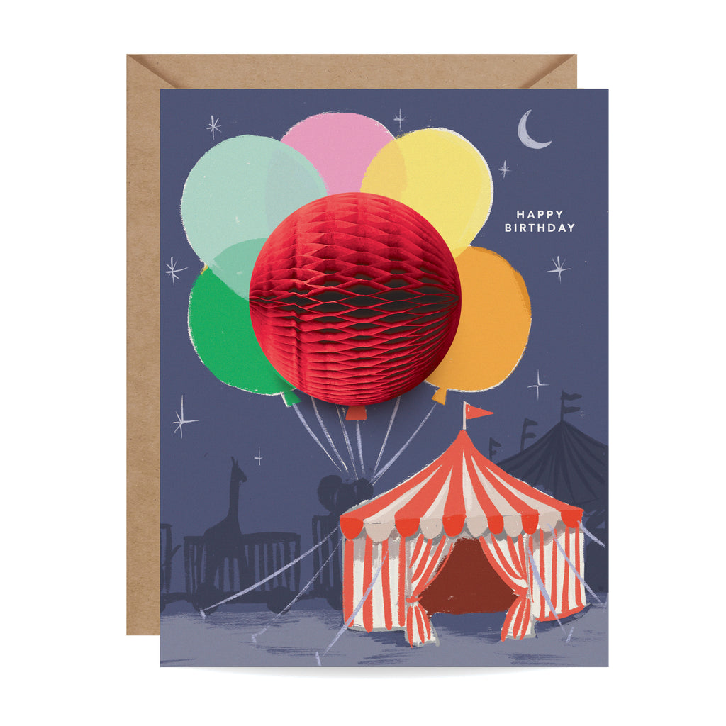 Big Top circus-themed pop-up birthday card with honeycomb balloon and a "Happy Birthday" message on the front
