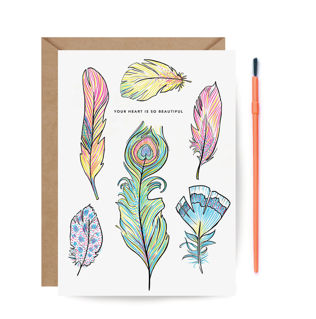 Paint with Water, Feather, Feathers, Birthday card, Friend Card, Encouragement, paintable, thank you