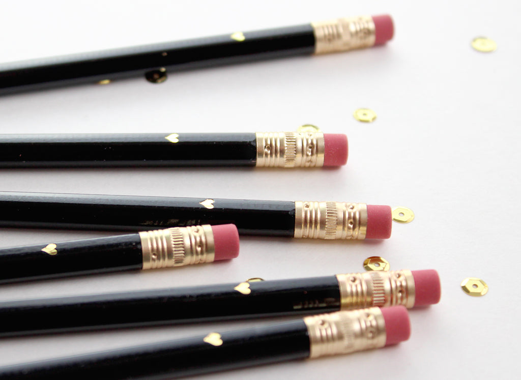 Gold Heart Mini Pencils - Black - Inklings Paperie