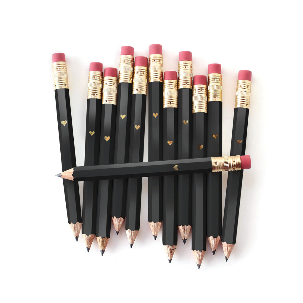Gold Heart Mini Pencils - Black - Inklings Paperie