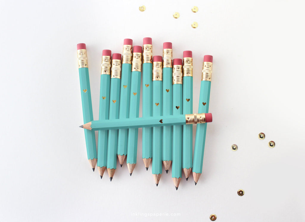 Gold Heart Mini Pencils - Teal - Inklings Paperie