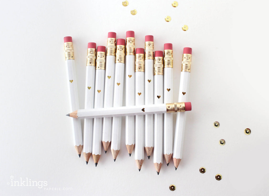 Gold Heart Mini Pencils - White - Inklings Paperie